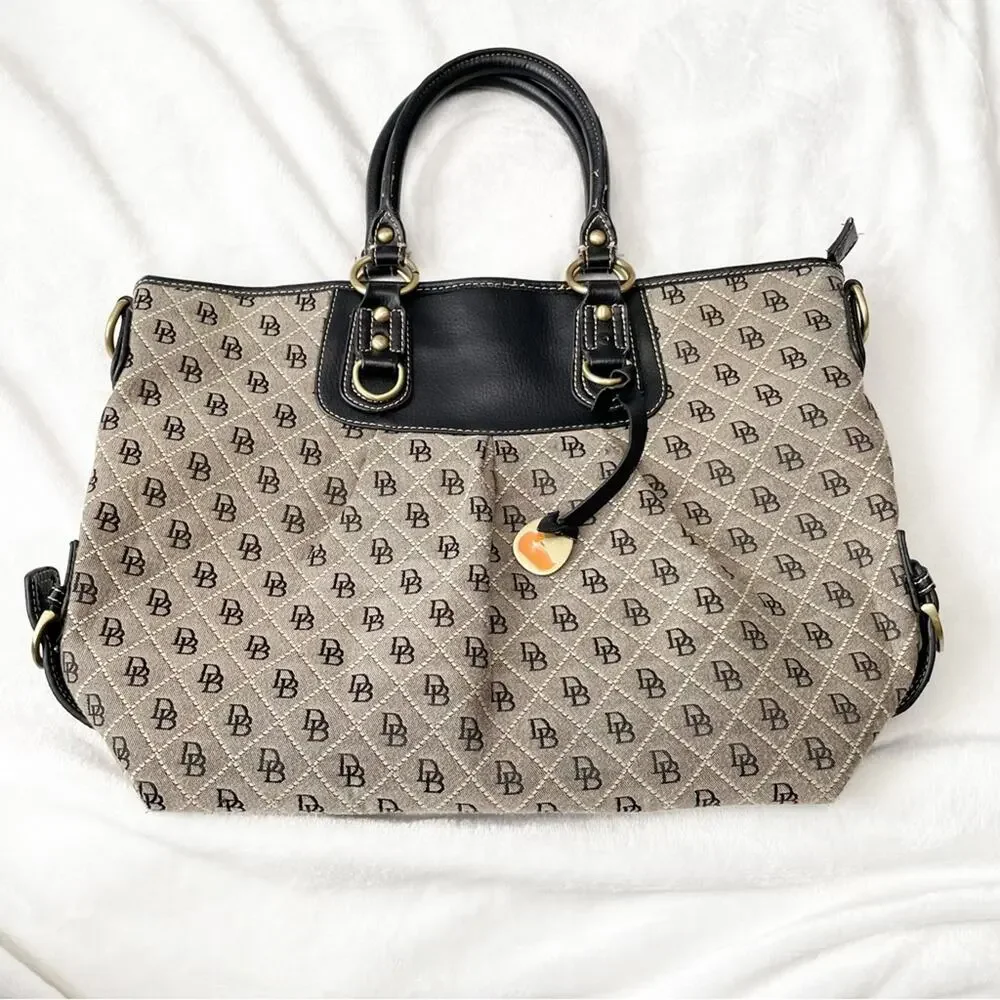 Dooney & Bourke tan logo brown large satchel zippers inner pockets